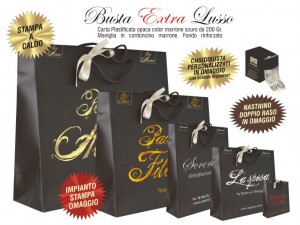 BUSTE IN CARTA LUSSO MARRONE PLASTIFICAZIONE OPACA EXTRA impianto stampa, chiudibusta e nastrino doppio raso omaggio 